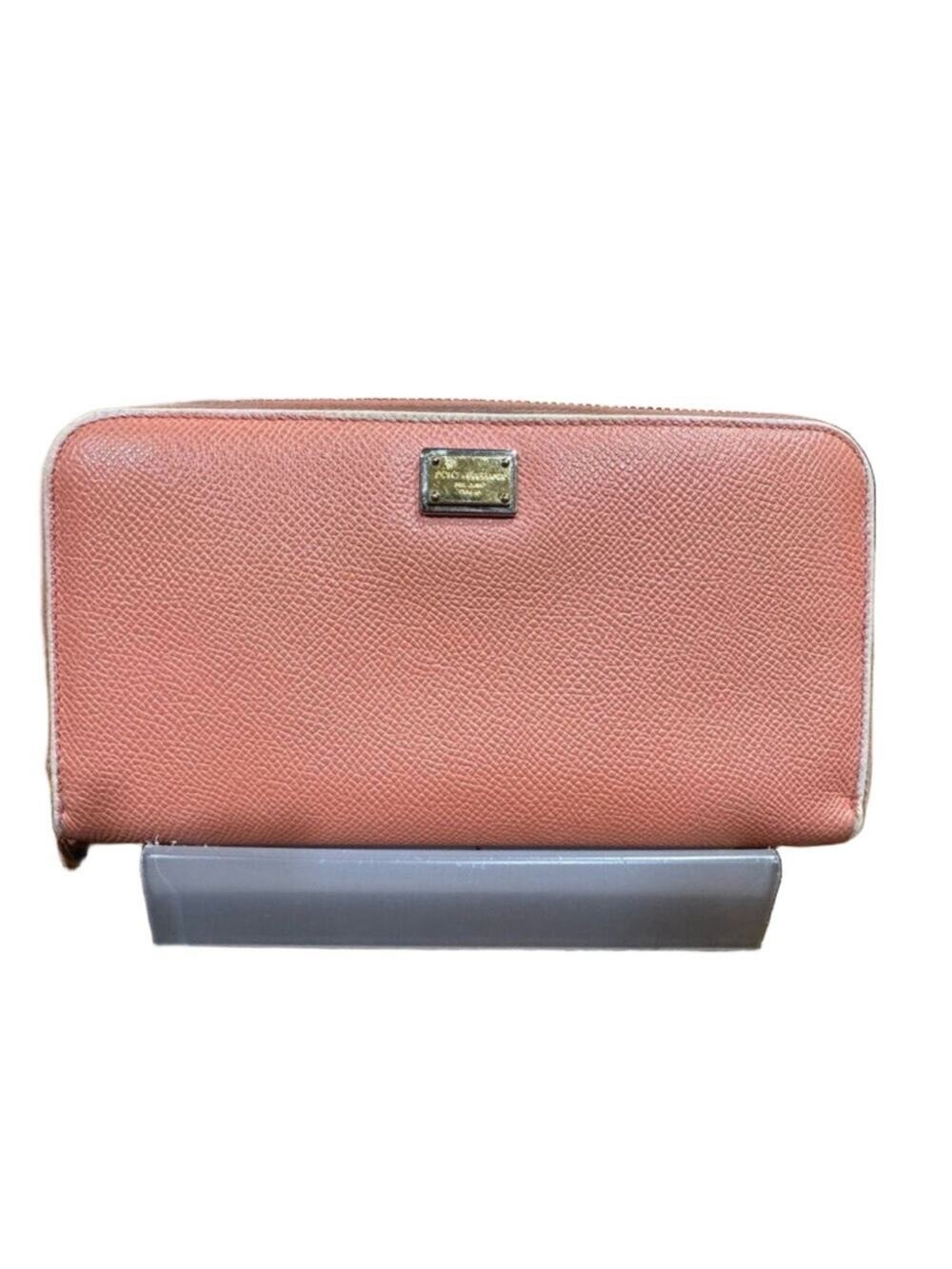 Dolce & Gabbana Women's Peach color Zip Around Wallet /Wristlet Pebbled Leather